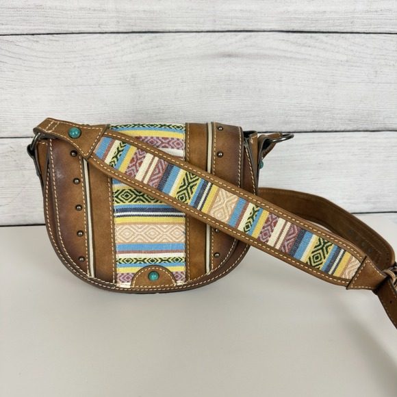 Tony Lama Woven Accent Colorful‎ SaddleBag Leather Southwestern Crossbody Purse - Picture 11 of 12